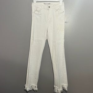 ZARA Trafaluc Denimwear. Straight leg- style with fringe at the ankle.